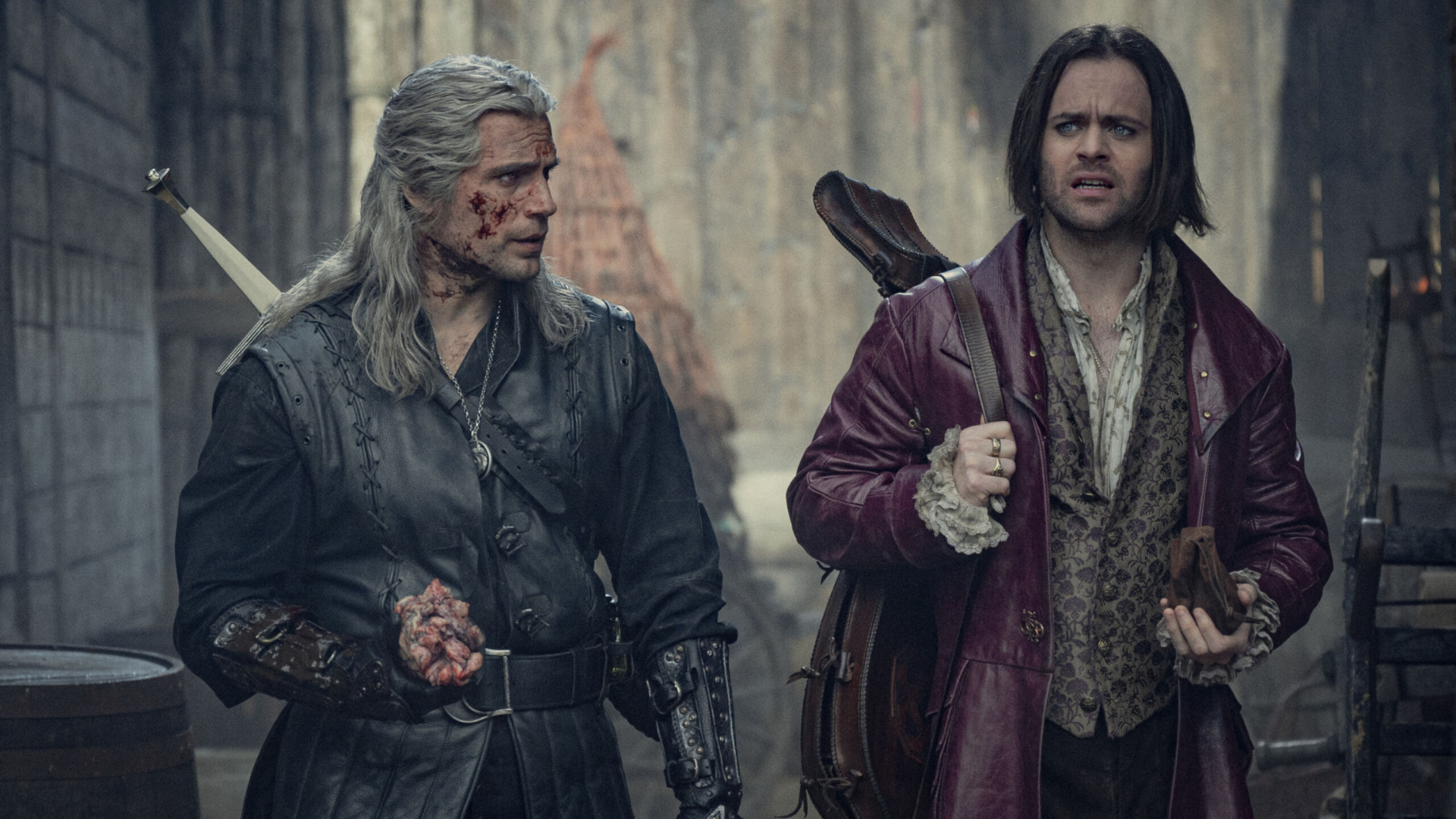 Henry Cavill as Geralt and Joey Batey as Jaskier in Netflix's The Witcher